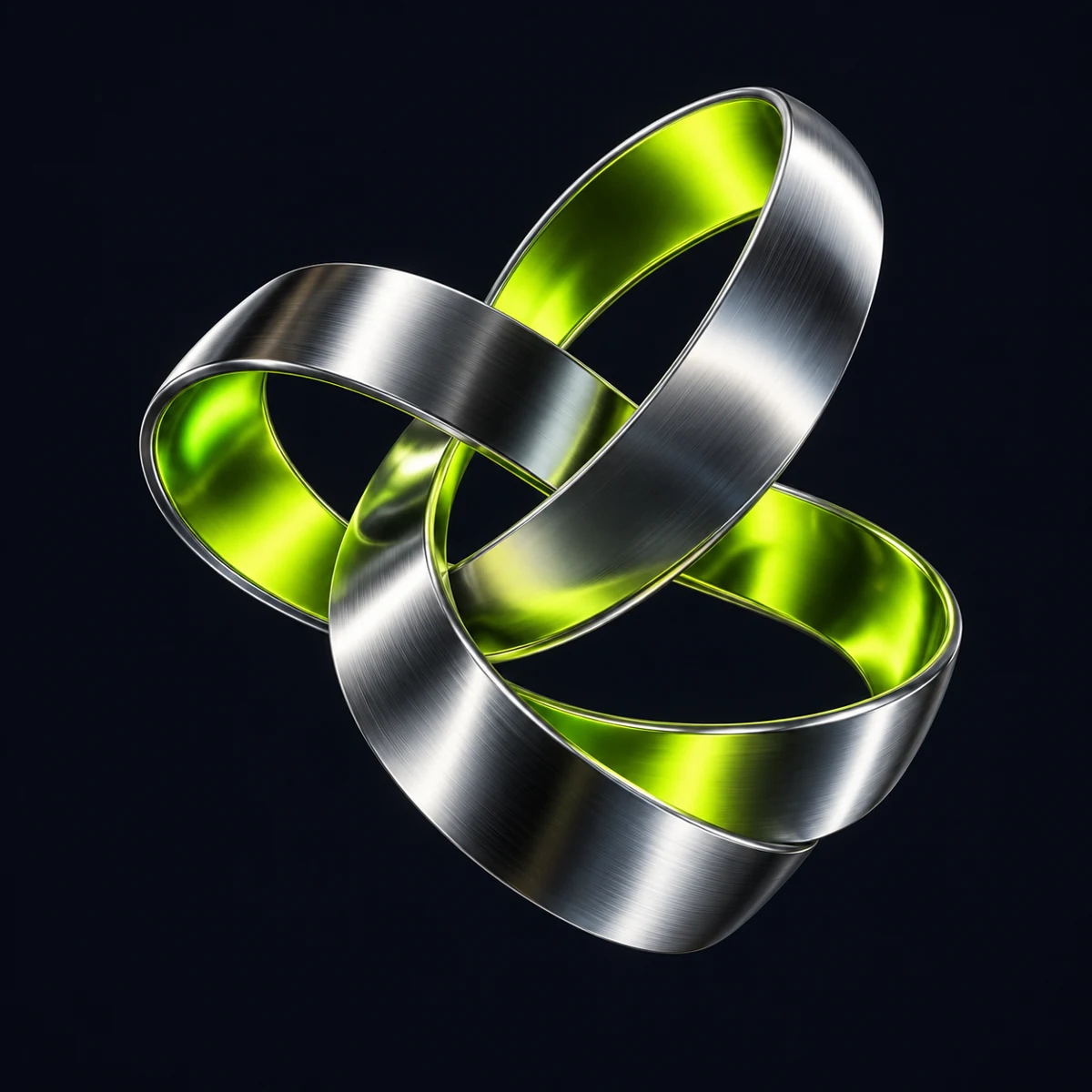 Sculptural chrome and electric lime ribbon looping upward